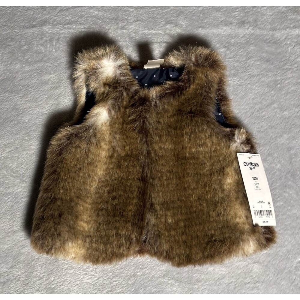 OshKosh B'gosh Baby Girls Size 12 Months Brown Faux Fur Vest